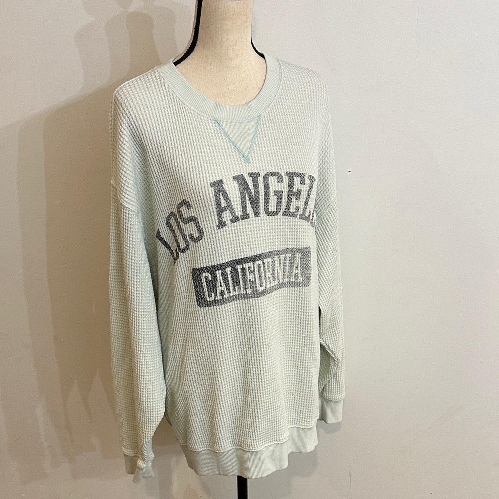 Aerie Waffle Knit Big Hug Sweater Mint Oversized Los Angeles California XL